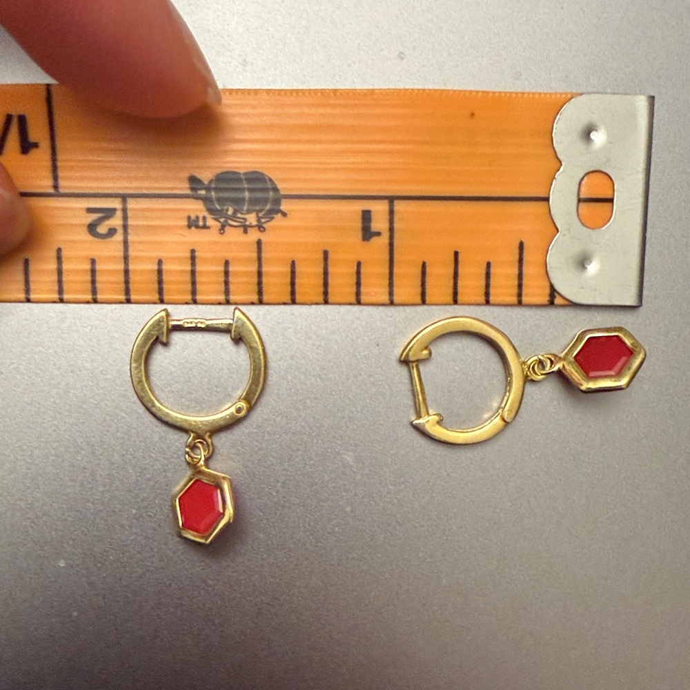 Gold plated over silver 925 Hexagon Hoop Earrings with Red carnelian Charm - Picture 4 of 4